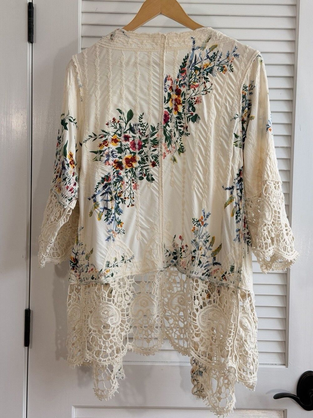 Solitaire XL Floral Crochet Lace Kimono Cardigan Boho Open Front Duster White - Picture 5 of 11